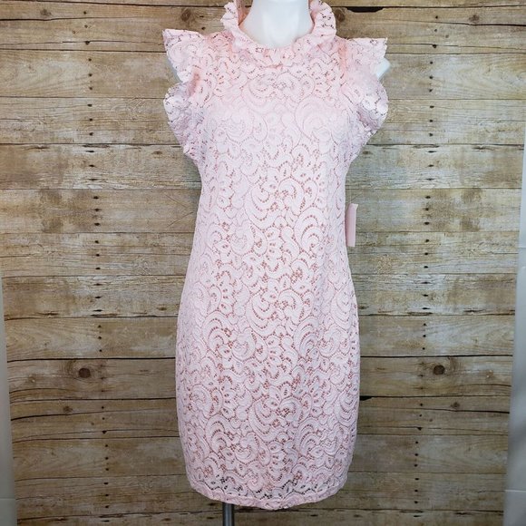 Neiman Marcus Dresses & Skirts - NEIMAN MARCUS Lace Ruffle Sheath Dress In Blush